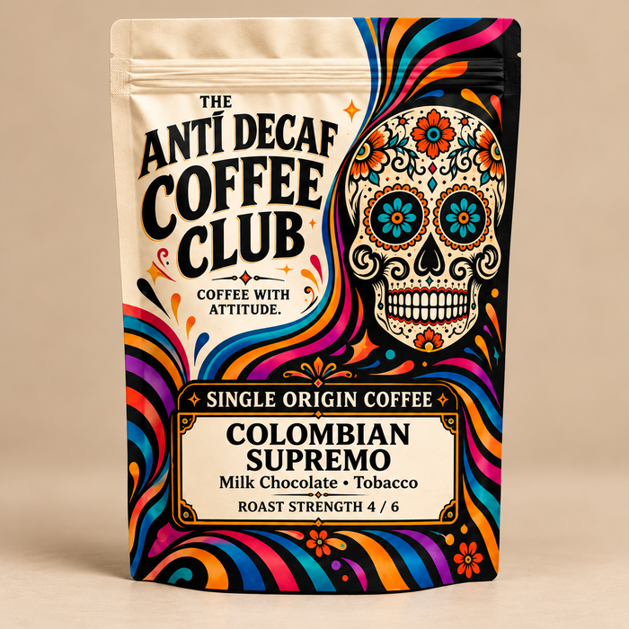 Colombian Supremo single origin coffee pack — Milk Chocolate, Tobacco; roast strength 4 / 6