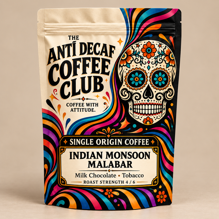 Indian Monsoon Malabar single origin coffee pack — Milk Chocolate, Tobacco; roast strength 4 / 6