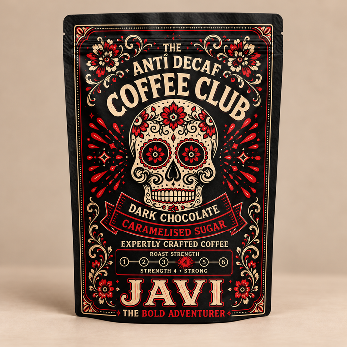 Javi "The Bold Adventurer" blend — red floral bespoke bag, photographed against a warm beige studio background